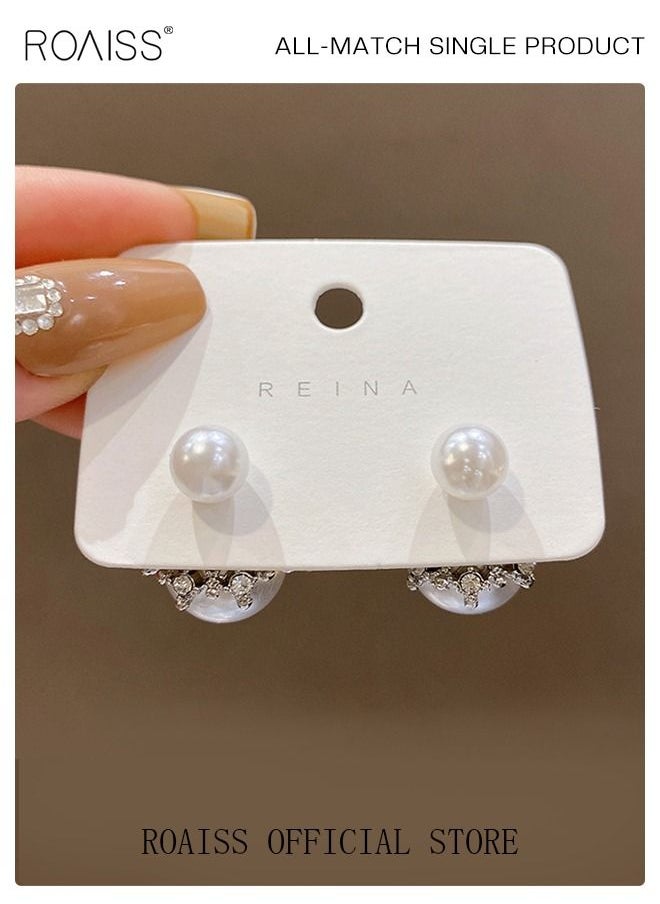 roaiss Pearl Earrings Studded Rhinestone Ins Style Earrings Fashion Design Earrings for Women Silver  - Image 5