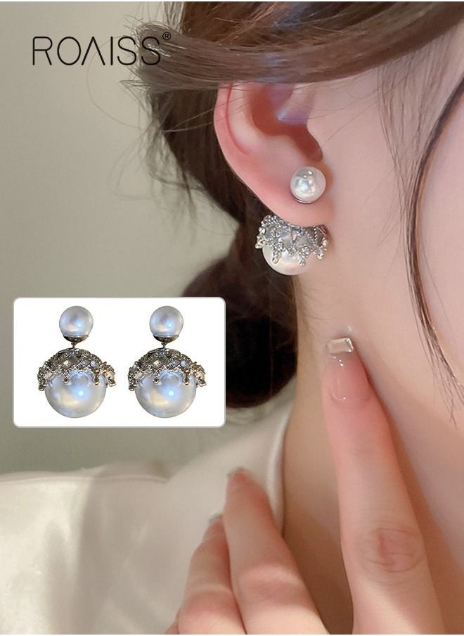 roaiss Pearl Earrings Studded Rhinestone Ins Style Earrings Fashion Design Earrings for Women Silver  - Image 1