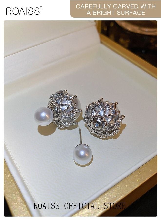 roaiss Pearl Earrings Studded Rhinestone Ins Style Earrings Fashion Design Earrings for Women Silver  - Image 4