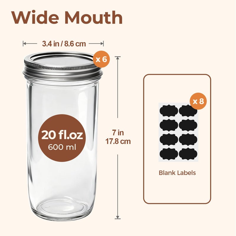 ComSaf 20 oz Mason Jars Wide Mouth 6 Pcs, Large Canning Jars with Seal Bands, 20 oz Glass jar with Lid for Jam, Sauce, Juice, Coffee, Pickling, Fruit, Dessert, Kitchen Storage, Vanilla Extract - Image 2