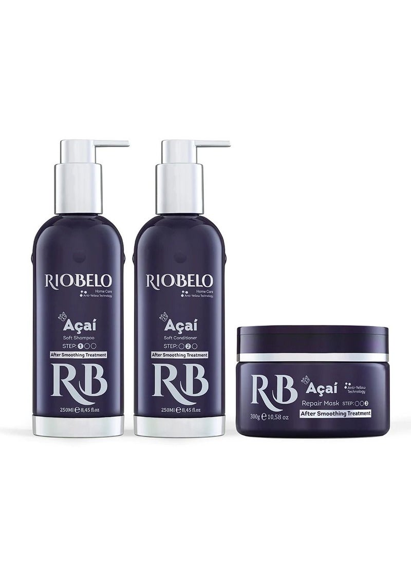 RIOBELO Hair Care Products, Açaí Brazilian Hair Care Routine​ after Protein Hair Treatment for Blond & Dyed Hair by RIOBELO Professional Real - 3 Steps Home Care Kit - Image 1
