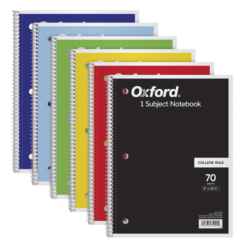 Oxford Spiral Notebook 6 Pack, 1 Subject, College Ruled Paper, 8 x 10-1/2 Inch, Color Assortment Design May Vary (65007) - Image 1