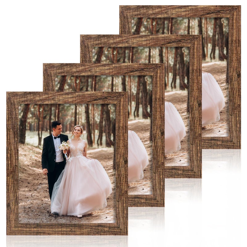 iRahmen 8x10 Picture Frame Set of 4, High Definition Glass Brown Frame, 8 x 10 Wood Rustic Picture Frames for Horizontal or Vertical Table Top and Wall Mounting - Image 1