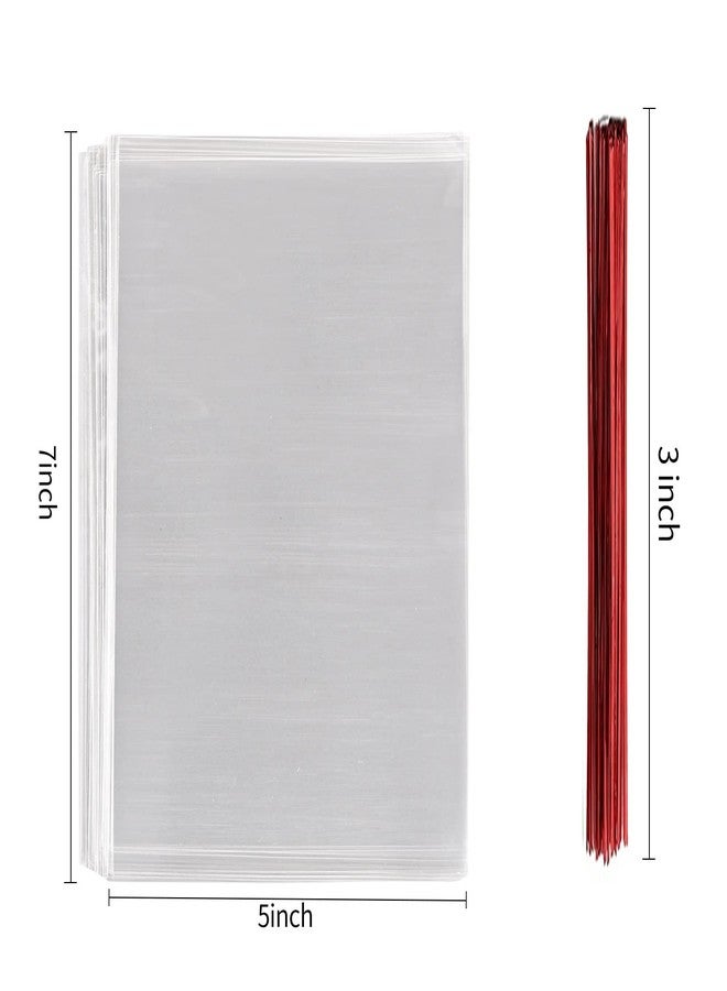 MoloTAR 100 Pcs 7 in x 5 in(1.4mil.) Clear Flat Cello Cellophane Treat Bags Good for Bakery, Cookies, Candies,Dessert with random color Twist Ties! - Image 2