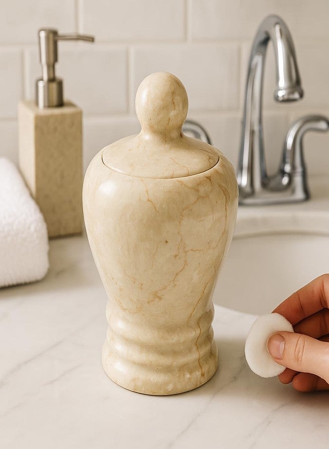 Creative Home Natural Champagne Marble Aladdin Collection Cotton Ball Swab Holder, Bathroom Countertop Storage Jar Container Organizer - Image 2