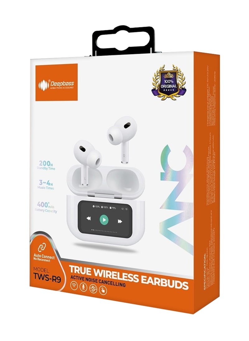 Deepbass - TWS-R9 True Wireless Earbuds – ANC+ENC, Touch Control, Long Battery Life - White - Image 1