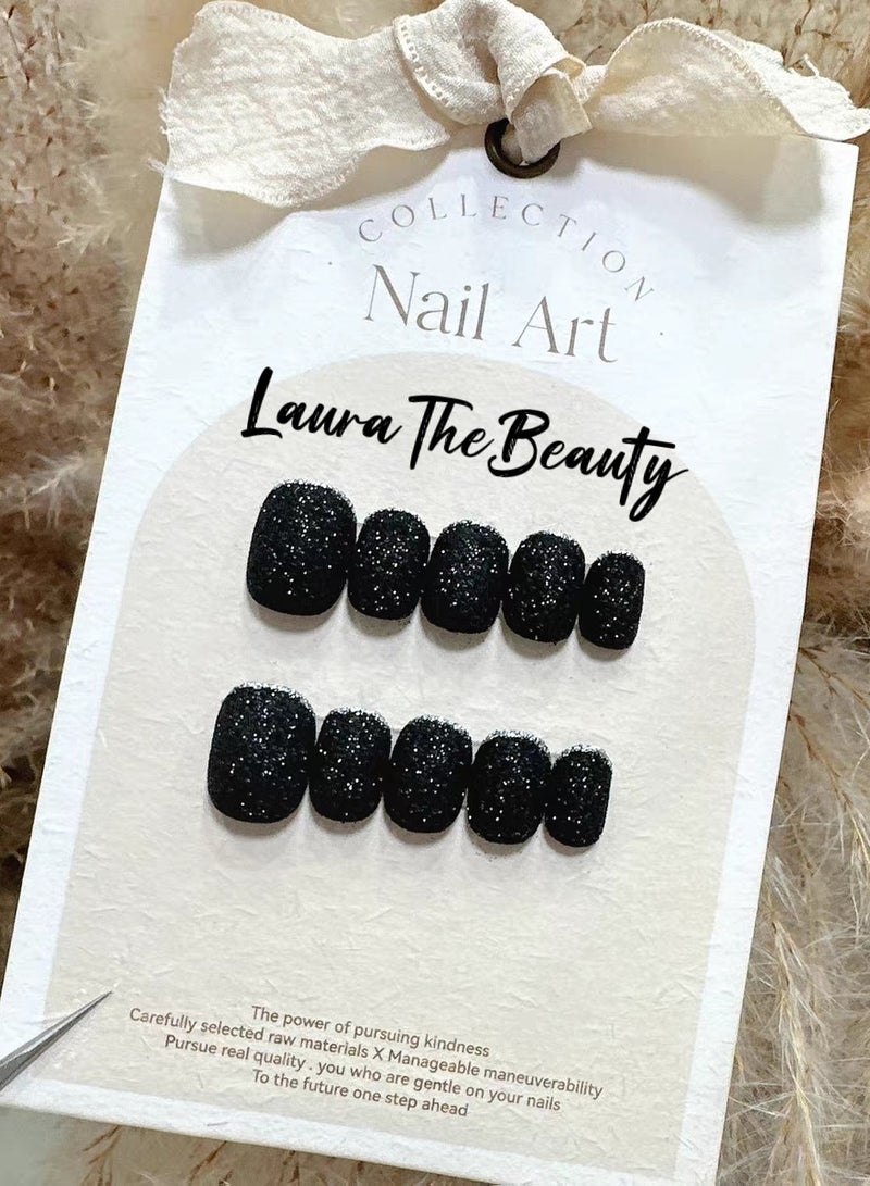 LauraTheBeauty 10 Pcs Rhinestone Nail Art False Nails Short Square Fake Nails Press on Nails with Wearing Tools - Image 2