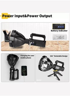Arabest Rechargeable Spotlight Torch, LED Super Bright P70 High Lumen Handheld Tactical Torch, 4 Brightness Modes and IPX6 Waterproof Large Searchlight with USB Output and Foldable Tripod for Camping/Hunting  - Image 5