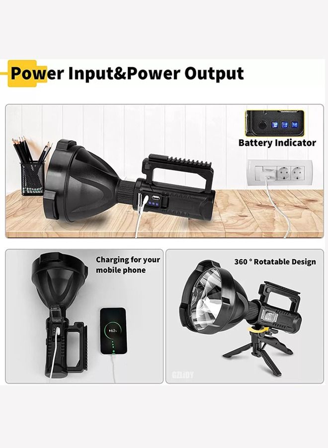 عربست شعلة أضواء كاشفة قابلة لإعادة الشحن ، شعلة تكتيكية محمولة LED Super Bright P70 عالية التجويف ، 4 أوضاع سطوع ومصباح كشاف كبير مقاوم للماء IPX6 مع مخرج USB وحامل ثلاثي القوائم قابل للطي للتخييم / الصيد  - Image 5