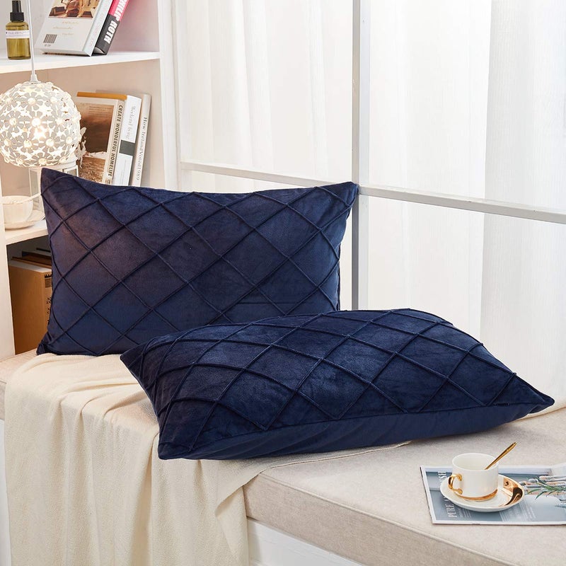 JAUXIO Diamond Pinch Pleated Crystal Velvet Pillowcases 2 Pack Solid Pintuck Throw Cushion Cover for Home Decor Hidden Zipper Closure (Navy, King) - Image 2