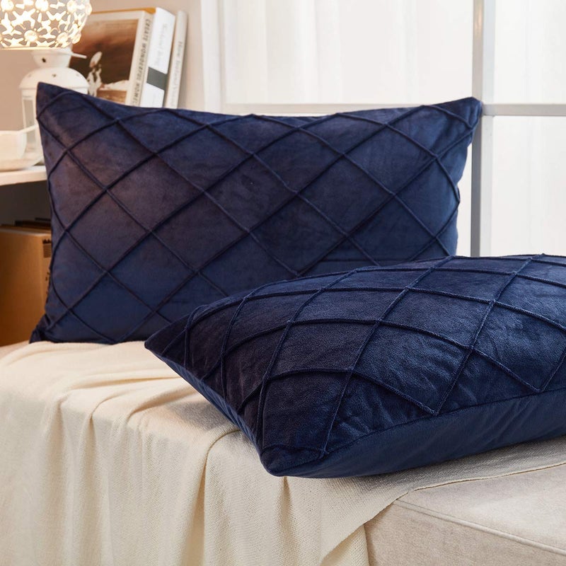 JAUXIO Diamond Pinch Pleated Crystal Velvet Pillowcases 2 Pack Solid Pintuck Throw Cushion Cover for Home Decor Hidden Zipper Closure (Navy, King) - Image 3