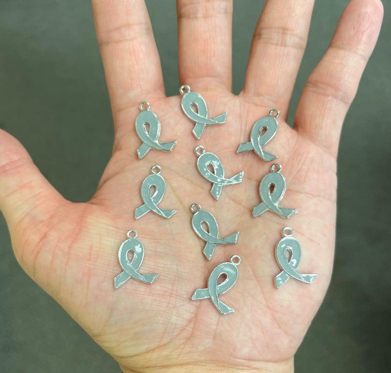 Linpeng Ribbon Charms For Bracelet Making, Gray Ribbon Brain Cancer Awareness Charms Bulk, DIY Jewelry Supplies, Gift For Beader, 21mm x15mm, 10 pcs - Image 3
