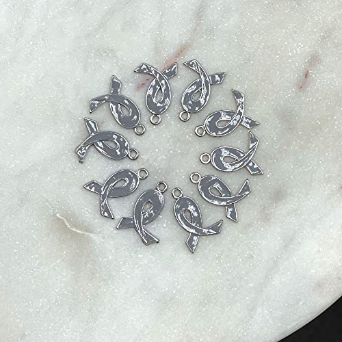 Linpeng Ribbon Charms For Bracelet Making, Gray Ribbon Brain Cancer Awareness Charms Bulk, DIY Jewelry Supplies, Gift For Beader, 21mm x15mm, 10 pcs - Image 5