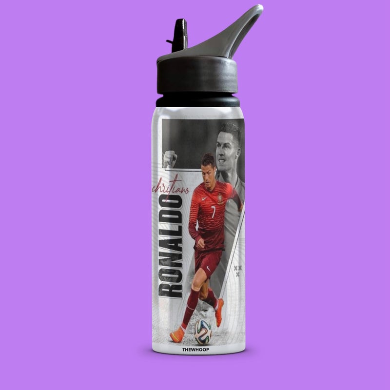 THEWHOOP THEWHOOP Cristiano Ronaldo Printed Sipper 750 ml Aluminium Bottle Cap Keychain with Holding Grip Feature Best Gift for CR7 Football Sports Fans GREY  - Image 3