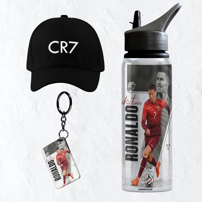 THEWHOOP THEWHOOP Cristiano Ronaldo Printed Sipper 750 ml Aluminium Bottle Cap Keychain with Holding Grip Feature Best Gift for CR7 Football Sports Fans GREY  - Image 1