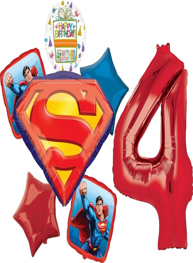 Anagram Superman 4th Birthday Party Supplies 7pc Balloon Bouquet Decorations - Image 1
