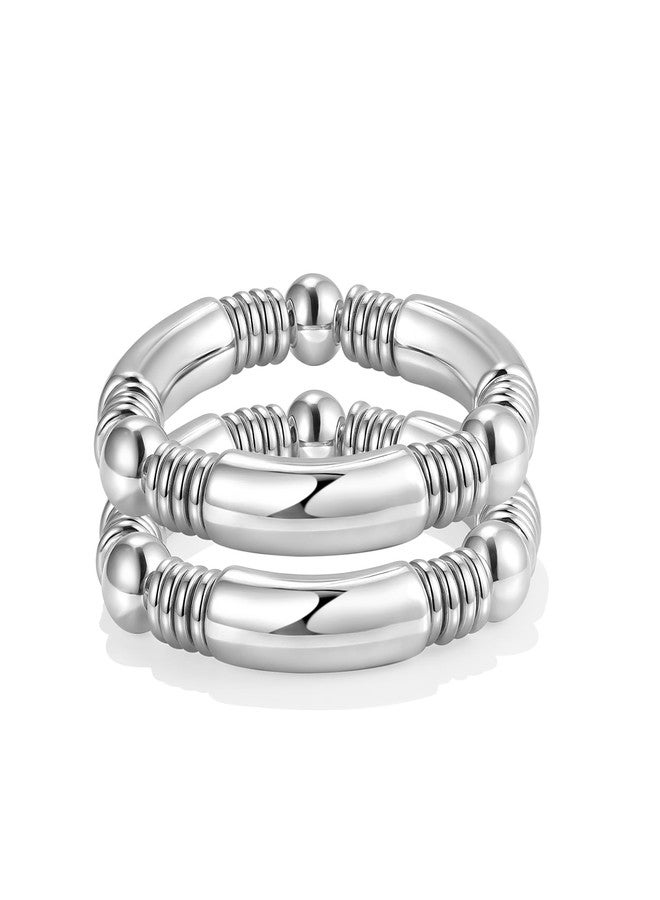 Silver Bangles Bracelet for Women Chunky Curved Stacking Plated Bead Ball Stretchable Bracelets （2PCS)