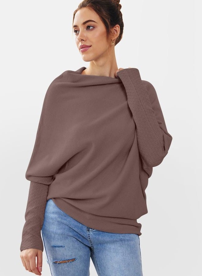 LILLUSORY Womens Batwing Oversized Sweaters Assymetrical Off The Shoulder Boat Neck Wrap Tunic Tops Fall, Nutmeg, S - Image 3