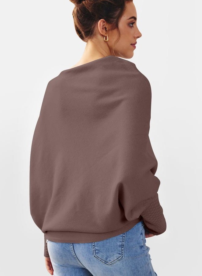 LILLUSORY Womens Batwing Oversized Sweaters Assymetrical Off The Shoulder Boat Neck Wrap Tunic Tops Fall, Nutmeg, S - Image 4
