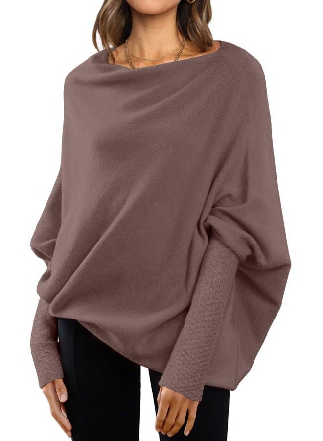 LILLUSORY Womens Batwing Oversized Sweaters Assymetrical Off The Shoulder Boat Neck Wrap Tunic Tops Fall, Nutmeg, S - Image 1