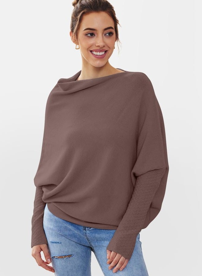LILLUSORY Womens Batwing Oversized Sweaters Assymetrical Off The Shoulder Boat Neck Wrap Tunic Tops Fall, Nutmeg, S - Image 2