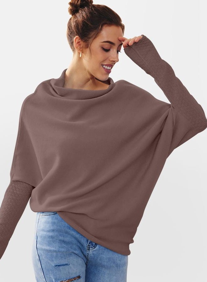 LILLUSORY Womens Batwing Oversized Sweaters Assymetrical Off The Shoulder Boat Neck Wrap Tunic Tops Fall, Nutmeg, S - Image 5