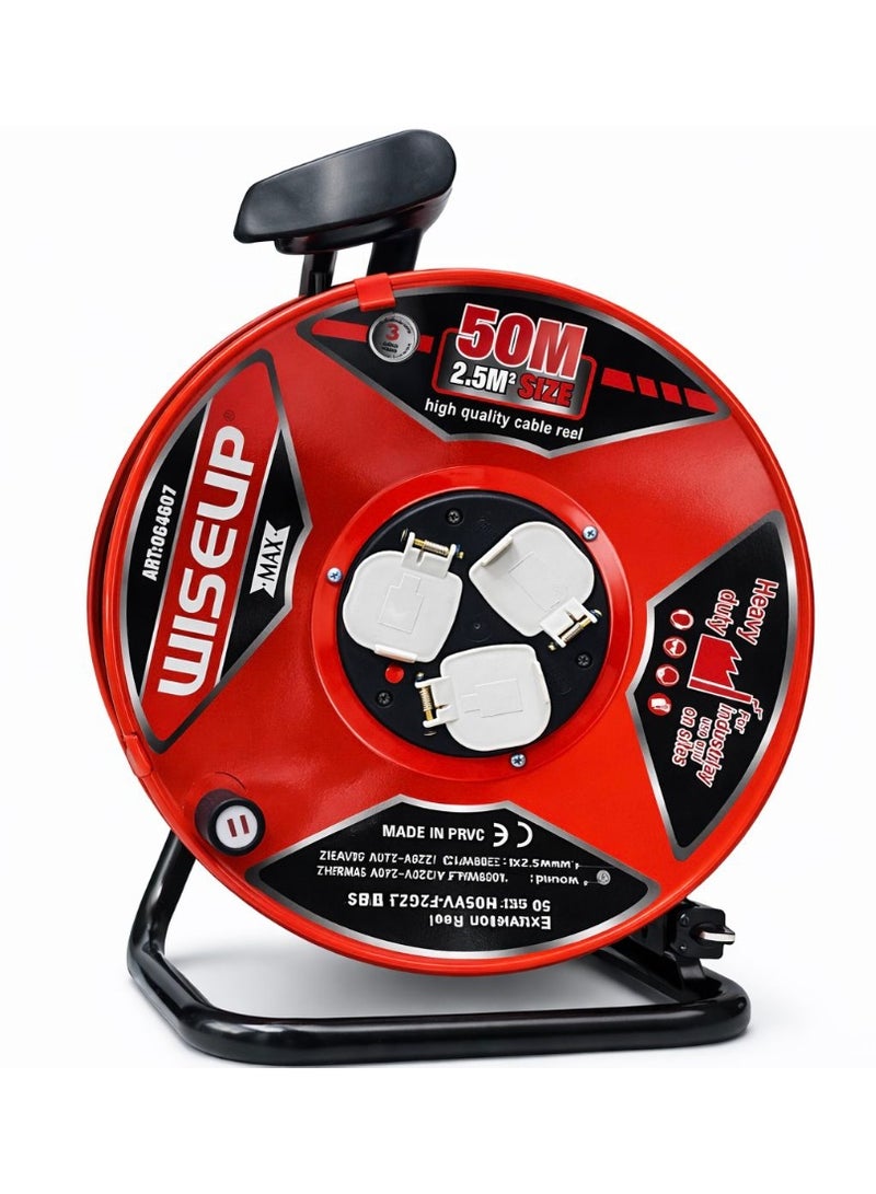WISEUP Heavy Duty Cable Reel 25M / 50M – 2.5mm Copper Cable – Multi Socket Extension – Industrial & Home Use - Image 2