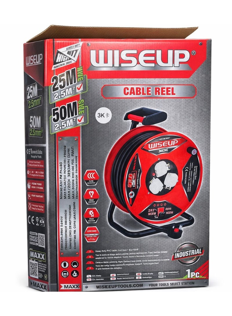 WISEUP Heavy Duty Cable Reel 25M / 50M – 2.5mm Copper Cable – Multi Socket Extension – Industrial & Home Use - Image 4
