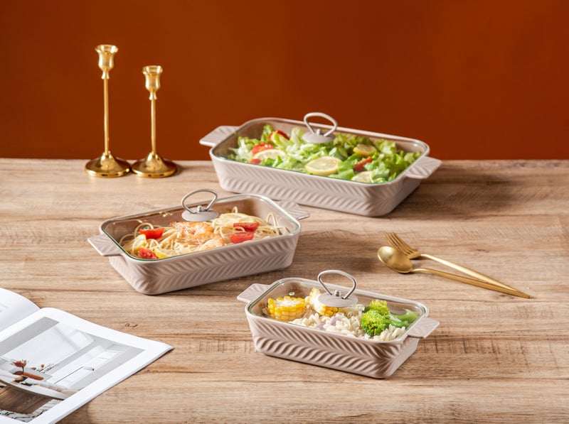 دوف طقم صواني فرن مستطيلة من البورسلان الرمادي مع غطاء زجاجي – 3 قطع بمقاسات 10 و12 و14.5 بوصة