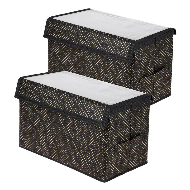 Kuber Industries Drawer Storage Box Clothes Drawer Organizer with Handle Transparent Lid with Velcro Wardrobe Organizer for Books Dhakkan Storage Box GoldenDot Medium Pack of 2 Black - Image 1