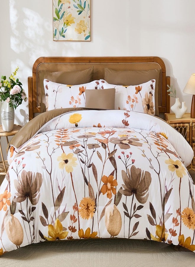 Anibedding 8Pieces Queen Comforter Set, Brown Watercolor Floral Queen Size Bed in a Bag Comforter Set with Pillowcase, Sheets for All Season - Image 1