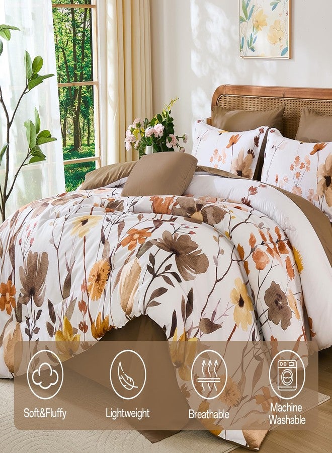 Anibedding 8Pieces Queen Comforter Set, Brown Watercolor Floral Queen Size Bed in a Bag Comforter Set with Pillowcase, Sheets for All Season - Image 2