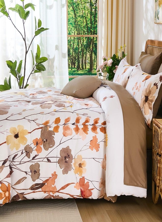 Anibedding 8Pieces Queen Comforter Set, Brown Watercolor Floral Queen Size Bed in a Bag Comforter Set with Pillowcase, Sheets for All Season - Image 3