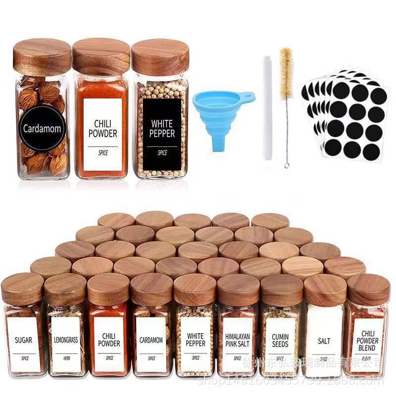 Square Salt Shaker Kitchen Seasoning Jar Chili Jar Seasoning Bottle Seasoning Bottle Combination Set Acacia Wood Glass Seasoning Jar - Image 3