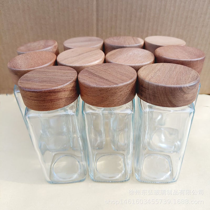 Square Salt Shaker Kitchen Seasoning Jar Chili Jar Seasoning Bottle Seasoning Bottle Combination Set Acacia Wood Glass Seasoning Jar - Image 5