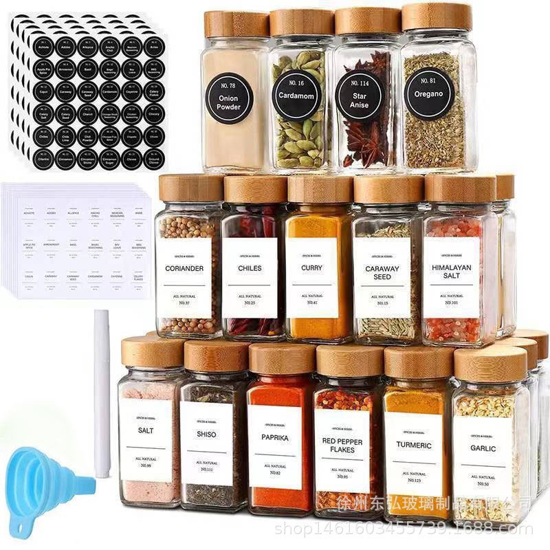 Square Salt Shaker Kitchen Seasoning Jar Chili Jar Seasoning Bottle Seasoning Bottle Combination Set Acacia Wood Glass Seasoning Jar - Image 2