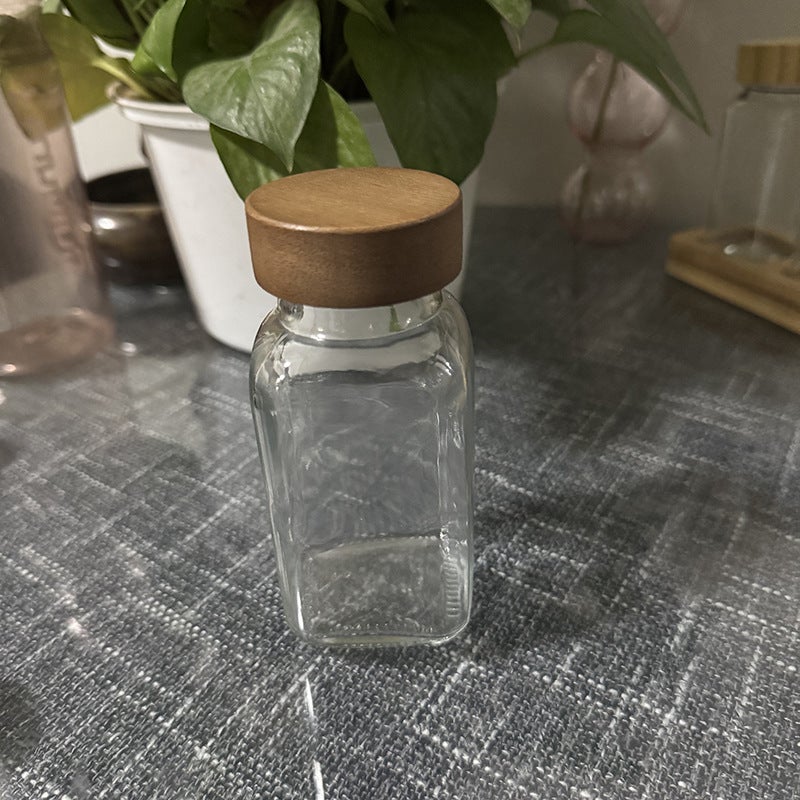 Square Salt Shaker Kitchen Seasoning Jar Chili Jar Seasoning Bottle Seasoning Bottle Combination Set Acacia Wood Glass Seasoning Jar - Image 1