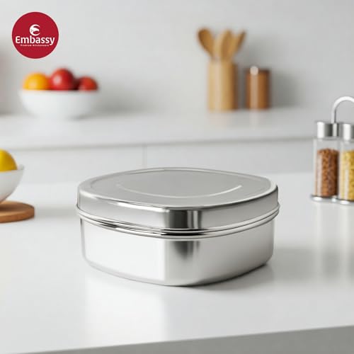 EMBASSY Stainless Steel Square Puri Box/Dabba | Size 4 | 450 ml | Pack of 2 | Ideal for Chapati, Paratha, Dry Food, Snacks & Fruits | Stackable/Multipurpose Storage Container - Image 5
