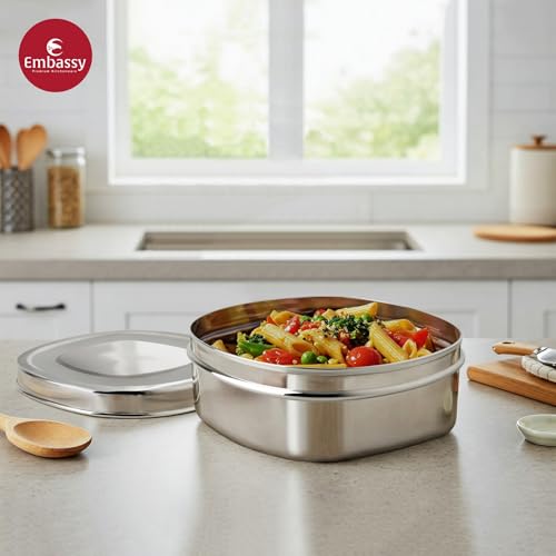 EMBASSY Stainless Steel Square Puri Box/Dabba | Size 4 | 450 ml | Pack of 2 | Ideal for Chapati, Paratha, Dry Food, Snacks & Fruits | Stackable/Multipurpose Storage Container - Image 2