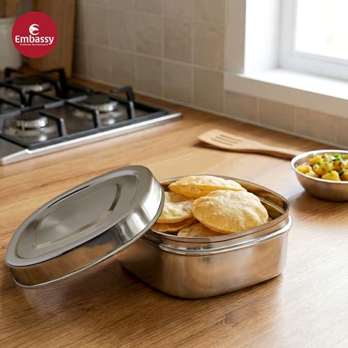 EMBASSY Stainless Steel Square Puri Box/Dabba | Size 4 | 450 ml | Pack of 2 | Ideal for Chapati, Paratha, Dry Food, Snacks & Fruits | Stackable/Multipurpose Storage Container - Image 4