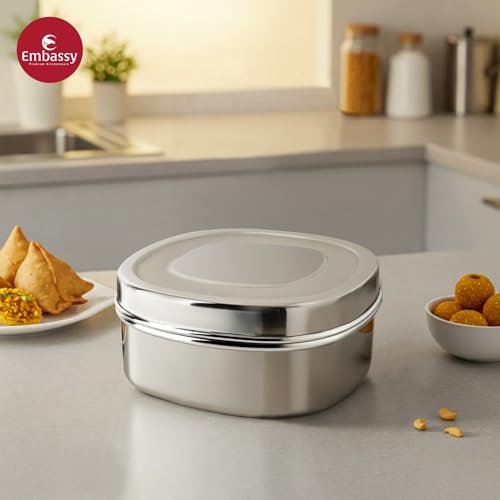 EMBASSY Stainless Steel Square Puri Box/Dabba | Size 4 | 450 ml | Pack of 2 | Ideal for Chapati, Paratha, Dry Food, Snacks & Fruits | Stackable/Multipurpose Storage Container - Image 3
