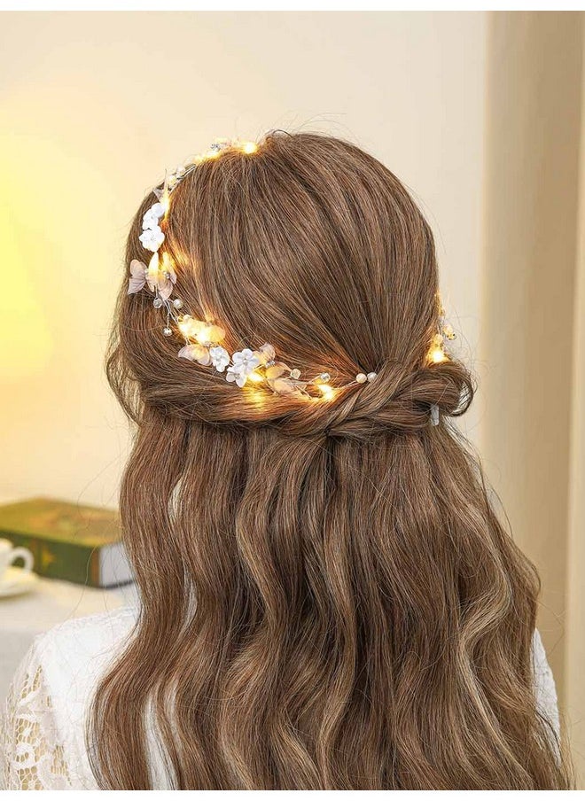 يونيكرا عصابة رأس مضيئة على شكل فراشة من الزهور لحفلات الزفاف وقطعة شعر فضية للعروس وإكسسوارات شعر من اللؤلؤ للنساء والفتيات  - Image 1