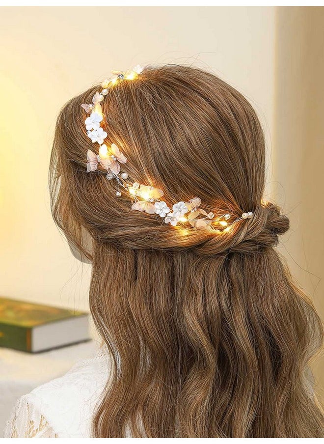 يونيكرا عصابة رأس مضيئة على شكل فراشة من الزهور لحفلات الزفاف وقطعة شعر فضية للعروس وإكسسوارات شعر من اللؤلؤ للنساء والفتيات  - Image 3