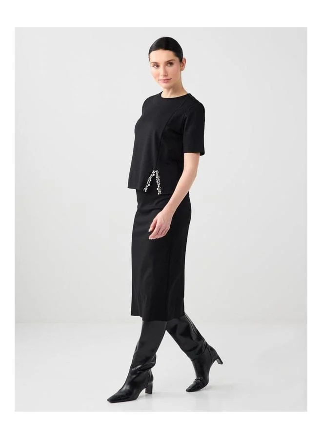 Jimmy Key Black Straight Cut Normal Waist Slit Detailed Knit Midi Skirt.