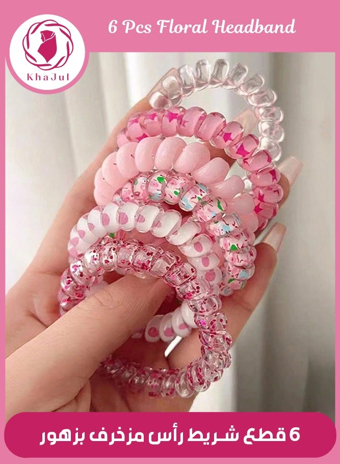 KHAJUL 6-Piece Waterproof Spiral Hair Ties,  Multicolour Ponytail Holders For Woman Girls Telephone Cord Hair Coils For Thin Hair (Pink) - Image 1