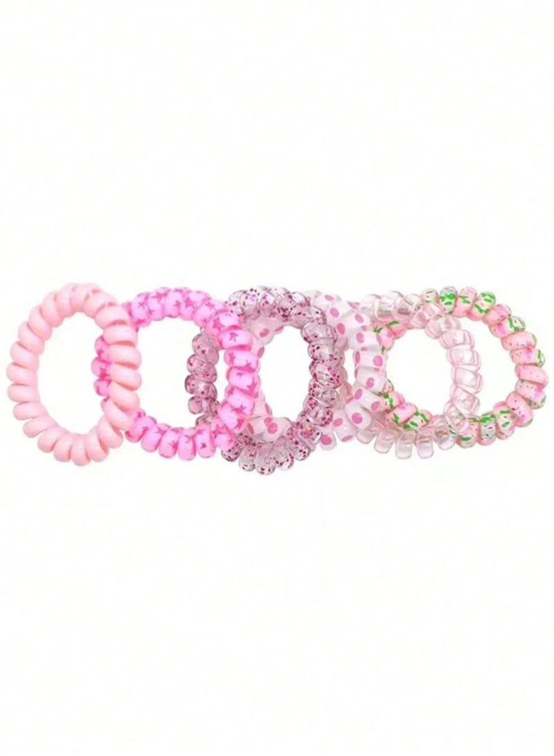 KHAJUL 6-Piece Waterproof Spiral Hair Ties,  Multicolour Ponytail Holders For Woman Girls Telephone Cord Hair Coils For Thin Hair (Pink) - Image 2