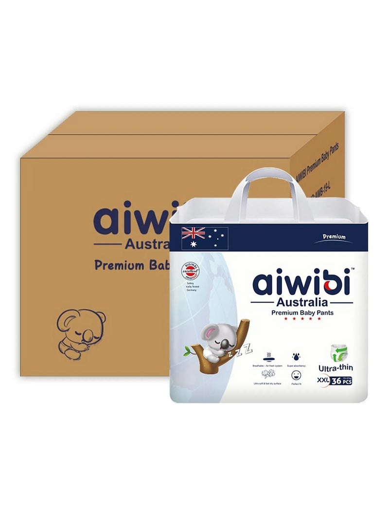 aiwibi حفاضات أيويبي المميزة بأسلوب السروال للأطفال، رقيقة جداً وخالية من المواد الكيميائية، XXL، 15-21 كجم - عبوة من 4 (36 قطعة لكل منها)