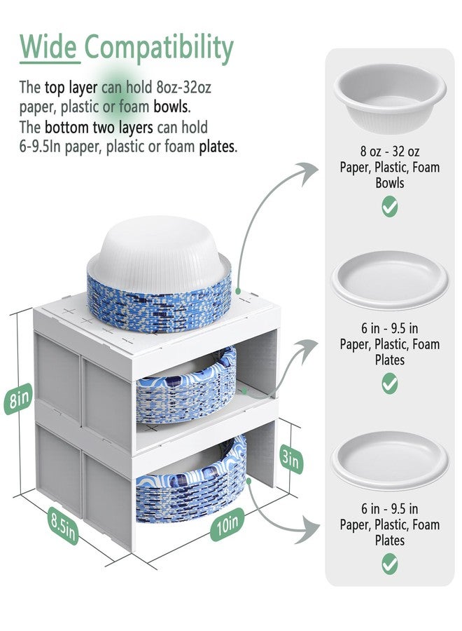 TOWARDFUN Paper Plate Dispenser and Paper Bowl Dispenser, Space-Saving Plastic, Foam, Paper Plate and Bowl Organizer, Set of 2 Stackable Kitchen Organizer for Cabinet, Countertop, Shelf (White) - Image 4