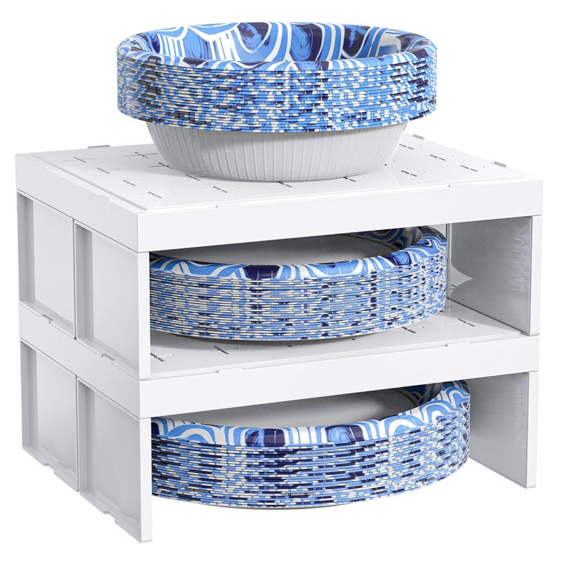 TOWARDFUN Paper Plate Dispenser and Paper Bowl Dispenser, Space-Saving Plastic, Foam, Paper Plate and Bowl Organizer, Set of 2 Stackable Kitchen Organizer for Cabinet, Countertop, Shelf (White) - Image 1