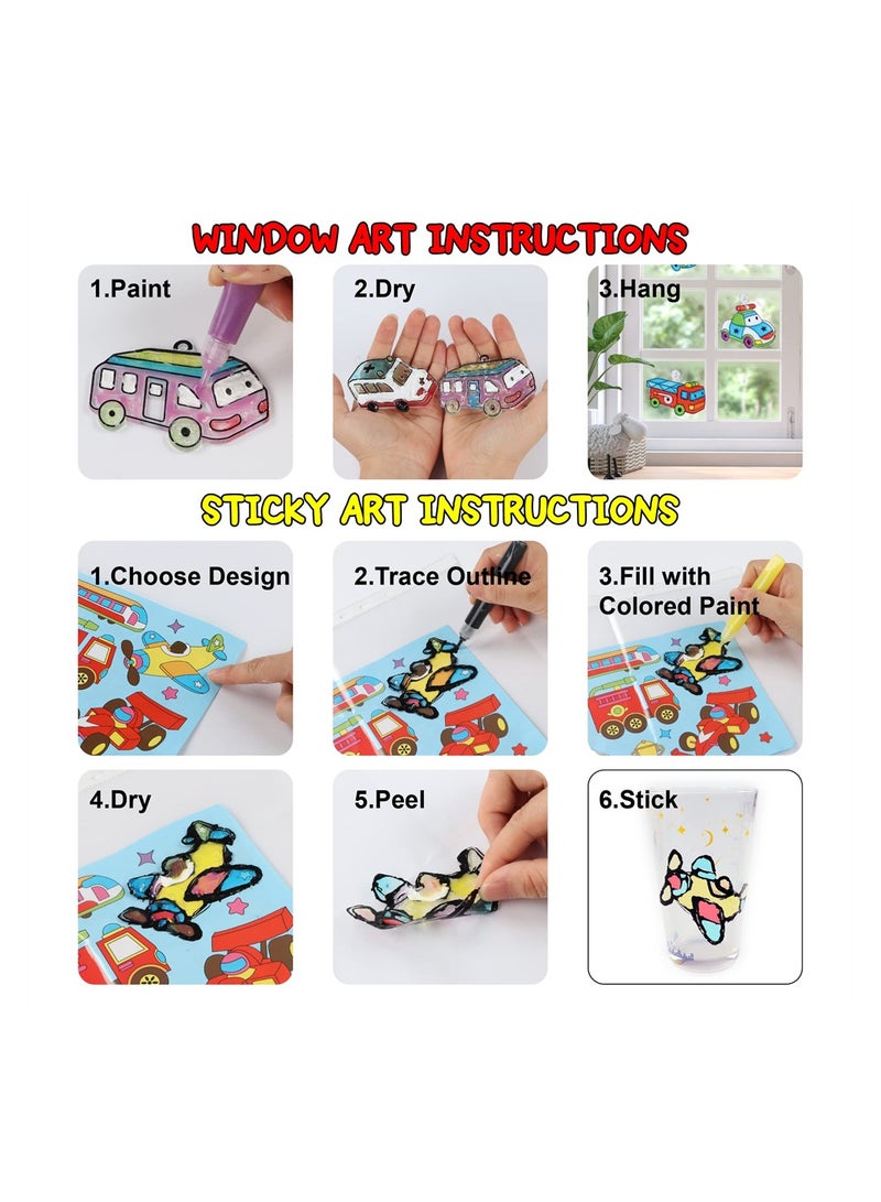 SYOSI Window Art Paint Kit Cars Suncatcher Kit DIY Art for Kids Includes 6 Sun Catchers 6 Paints 4 Sticky Art Templates and More Police and Firetruck Arts and Crafts Activity Set for Boys - Image 5